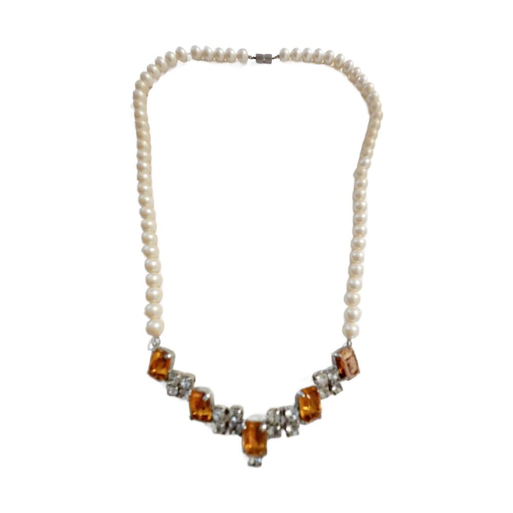 Vintage Faux Pearl Necklace with Amber Glass Cabochons